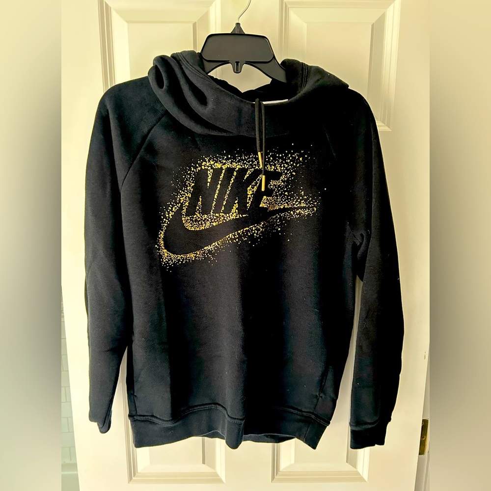 NIKE women’s black and gold logo hoodie - cowl neck- size MEDIUM